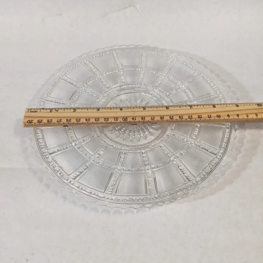 Vintage Clear Pressed Glass Round Platter Sunburst Scalloped Sawtooth Edge